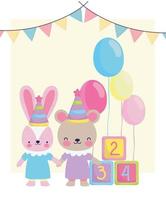 baby shower, söta kaninbjörnsballonger och kubleksak, tillkännage välkomstkort för nyfödd vektor
