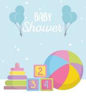 baby shower, pyramidkuber och bollleksaker tecknad film, tillkännage nyfödd välkomstkort vektor