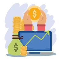 Online-Zahlung, Laptop-Münzen Geldbeutelgewinn, E-Commerce-Markteinkauf, mobile App vektor