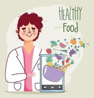 dietist läkare färsk marknaden smartphone erbjuder grönsaker och frukter, ekologisk hälsosam mat vektor