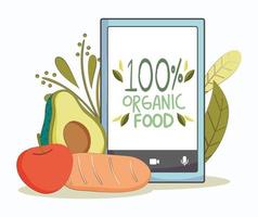 färska marknaden smartphone avokado morot och tomat, ekologisk hälsosam mat med frukt och grönsaker vektor