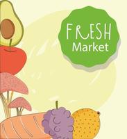 Frischmarkt-Bio-gesundes Essen mit Obst und Gemüse Ernteplakat vektor