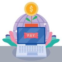 Online-Zahlung, Laptop-Welt und Topfpflanzenmünze, E-Commerce-Markt einkaufen, mobile App vektor