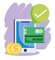 Online-Zahlung, Smartphone Münzen Münzen Bankkarte Kredit Häkchen, E-Commerce-Markt einkaufen, mobile App vektor
