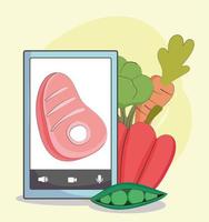färsk marknad smartphone kött morot ärtor ekologisk hälsosam mat med grönsaker vektor