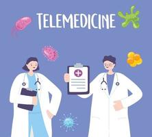 Telemedizin, Arzt und Ärztin mit Zwischenablage Stethoskop medizinische Behandlung und Online-Gesundheitsdienste vektor