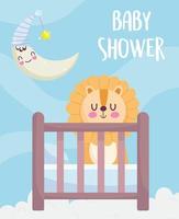 baby shower, tiger i spjälsängen med halvmåne, meddela nyfödd välkomstkort vektor