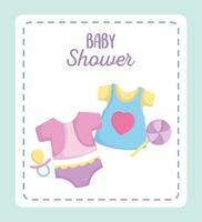 Babyparty, Kleiderkleidung Süßigkeiten und Schnuller Cartoon, Neugeborenen Willkommenskarte ankündigen vektor