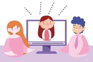 Online-Bildungslehrer weiblich und männlich mit Student Mädchen Computer vektor