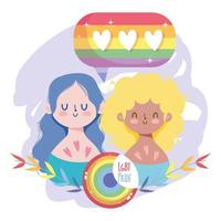 Mädchenkarikaturen mit Lgtbi-Siegelstempelblättern und Herzenblasenvektordesign vektor