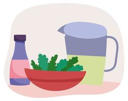 Saftglasschale mit Gemüse und Saucenflasche kochen vektor
