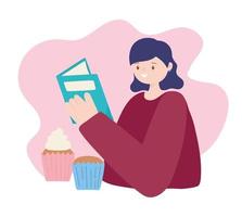 Mädchen liest Buch und süße Cupcakes vektor