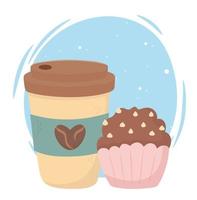 Kaffeezeit, Einwegbecher und süßes Cupcake frisches Aromagetränk vektor