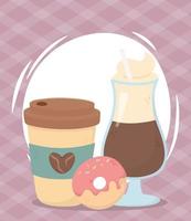 Kaffeezeit, Tasse Latte zum Mitnehmen und Donut frisches Aromagetränk vektor