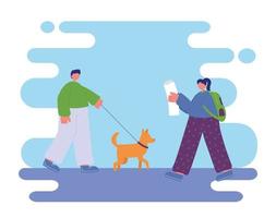 Menschenaktivitäten, Mann, der mit Hund spazieren geht und Frau, die Zeitung liest vektor