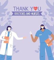 danke, ärzte, krankenschwestern, arzt und krankenschwester mit masken und klemmbrett medizinisch vektor
