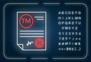 Symbol für das Neonlicht des Markenzertifikats. Zertifizierungszeichen. Registrierung des Markennamens. äußerer Leuchteffekt. Zeichen mit Alphabet, Zahlen und Symbolen. vektor isoliert rgb farbillustration