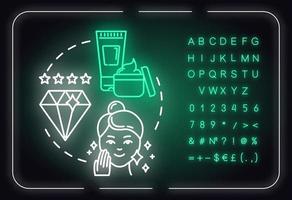 Luxus-Hautpflege, Kosmetik-Neonlicht-Konzept-Symbol. professionelle kosmetische produkte, schönheitsidee. Äußeres leuchtendes Schild mit Alphabet, Zahlen und Symbolen. vektor isoliert rgb farbillustration