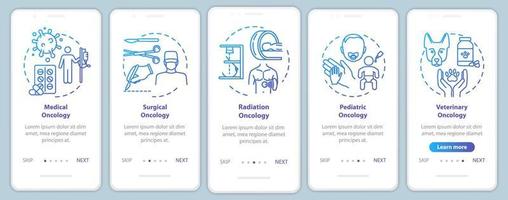 Onkologie Onboarding mobiler App-Seitenbildschirm mit Konzepten. Krebsbehandlung Walkthrough fünf Schritte grafische Anweisungen. medizinische Onkologie. Operation. ui-vektorvorlage mit rgb-farbillustrationen vektor