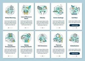 Überkonsum Onboarding Mobile App Seitenbildschirm mit Konzepten. Umweltschäden. Walkthrough für den Konsumismus 5 Schritte grafische Anleitung. UI-Vektor-Vorlage mit RGB-Farbabbildungen vektor