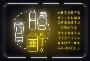 hudvård, skönhet neonljus koncept ikon. rengöring eller återfuktande kosmetiska produkter, kosmetologi idé. yttre glödande tecken med alfabet, siffror och symboler. vektor isolerade rgb färg illustration