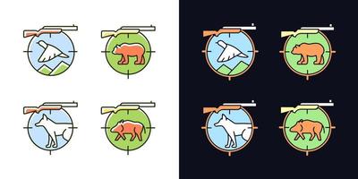 Groß- und Kleinwildjagd helles und dunkles Thema RGB-Farbsymbole eingestellt. Jagdwaffe zum Töten von Wildschweinen und Hirschen. isolierte Vektorgrafiken auf weißem und schwarzem Raum. einfaches gefülltes Strichzeichnungspaket vektor