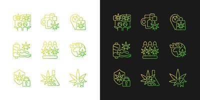 Cannabiskonsum-Gradientensymbole für den dunklen und hellen Modus. Marihuana-Kultur. Freizeitnutzung. dünne Linie Kontursymbole bündeln. isolierte Vektor-Umriss-Illustrationen-Sammlung auf Schwarz und Weiß vektor