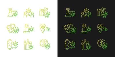 Marihuana-Pflanze verwenden Farbverlaufssymbole für den dunklen und hellen Modus. Cannabis-Gesetze. Pflanzenheilkunde. dünne Linie Kontursymbole bündeln. isolierte Vektor-Umriss-Illustrationen-Sammlung auf Schwarz und Weiß vektor