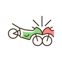 Motorradunfall RGB-Farbsymbol. Frontalzusammenstoß zweier Motorradfahrer. Geschwindigkeitsbedingte Unfälle. Kollision mit anderen Fahrrädern auf der Fahrbahn. isolierte Vektor-Illustration. einfache gefüllte Strichzeichnung vektor