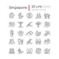 Singapur nationale Symbole lineare Symbole gesetzt. Touristenattraktionen. in singapur leben. Flora und Fauna. anpassbare Kontursymbole für dünne Linien. isolierte Vektorgrafiken. bearbeitbarer Strich vektor