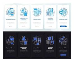 accepterade avfallstyper dag, natt onboarding mobil app sidskärm. genomgång 5 steg grafiska instruktioner med koncept. ui, ux, gui vektormall med linjära natt- och daglägesillustrationer vektor