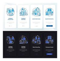 Abfallentsorgungsdienst Tag, Nacht Onboarding mobiler App-Seitenbildschirm. exemplarische 4 Schritte grafische Anweisungen mit Konzepten. ui, ux, gui-Vektorvorlage mit linearen Nacht- und Tagmodus-Illustrationen vektor
