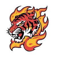 beschwingt Design von ein Tigers Kopf mit ein Feuer Flamme im tätowieren Stil vektor