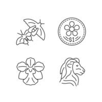 Nationaltier und Blume von Singapur lineare Symbole gesetzt. Münzen entwerfen. Schmetterlingsarten. Orchidee. anpassbare Kontursymbole für dünne Linien. isolierte Vektorgrafiken. bearbeitbarer Strich vektor