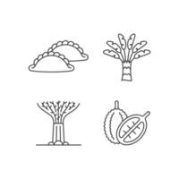 växter i singapore linjära ikoner set. resenär palm. superträdlund. currypuff. singaporesiska köket. anpassningsbara symboler för tunna linjer. isolerade vektor kontur illustrationer. redigerbar linje
