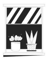 eingetopft Zimmerpflanzen auf Fensterbrett schwarz und Weiß 2d Linie Karikatur Objekte. wachsend exotisch Pflanzen durch Fenster isoliert Gliederung Artikel. Zuhause Garten monochromatisch eben Stelle Illustration vektor