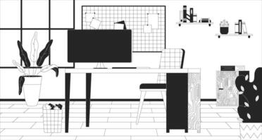 kontor arbetsplats med dator svart och vit linje illustration. pc på skrivbord av företags- anställd 2d interiör svartvit bakgrund. mysigt arbetsyta organisation översikt scen bild vektor