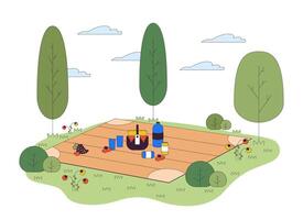snacks och drycker på picknick filt linje tecknad serie platt illustration. utomhus- måltid på landsbygden 2d linjekonst objekt isolerat på vit bakgrund. middag på parkera gräsmatta scen Färg bild vektor