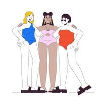 raser kurvig kvinnor bäst vänner 2d linjär tecknad serie tecken. Lycklig fet honor i baddräkter isolerat linje människor vit bakgrund. kropp positiv Färg platt fläck illustration vektor