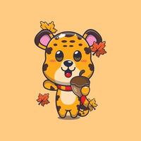 süß Leopard mit Eicheln beim Herbst Jahreszeit. Maskottchen Karikatur Illustration geeignet zum Poster, Broschüre, Netz, Maskottchen, Aufkleber, Logo und Symbol. vektor