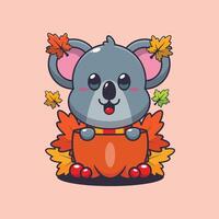 söt koala i en pumpa på höst säsong. maskot tecknad serie illustration lämplig för affisch, broschyr, webb, maskot, klistermärke, logotyp och ikon. vektor
