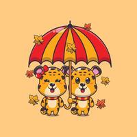 süß Paar Leopard mit Regenschirm beim Herbst Jahreszeit. Maskottchen Karikatur Illustration geeignet zum Poster, Broschüre, Netz, Maskottchen, Aufkleber, Logo und Symbol. vektor