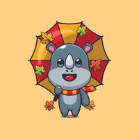 süß Nashorn mit Regenschirm beim Herbst Jahreszeit. Maskottchen Karikatur Illustration geeignet zum Poster, Broschüre, Netz, Maskottchen, Aufkleber, Logo und Symbol. vektor