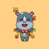 süß Nashorn mit Herbst Blatt Dekoration. Maskottchen Karikatur Illustration geeignet zum Poster, Broschüre, Netz, Maskottchen, Aufkleber, Logo und Symbol. vektor