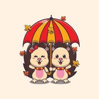 süß Paar Igel mit Regenschirm beim Herbst Jahreszeit. Maskottchen Karikatur Illustration geeignet zum Poster, Broschüre, Netz, Maskottchen, Aufkleber, Logo und Symbol. vektor