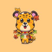 süß Leopard mit Herbst Blatt Dekoration. Maskottchen Karikatur Illustration geeignet zum Poster, Broschüre, Netz, Maskottchen, Aufkleber, Logo und Symbol. vektor