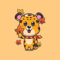 süß Leopard halten Herbst Blatt. Maskottchen Karikatur Illustration geeignet zum Poster, Broschüre, Netz, Maskottchen, Aufkleber, Logo und Symbol. vektor