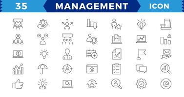 Geschäft und Verwaltung Linie Symbole Satz, Netz Symbole im Linie Stil.Karriere, Mensch Ressourcen, Mitarbeiter, Strategie, Zeit Management, Planung, Projekt, Start-up, Marketing. vektor