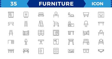 möbel, ikon uppsättning. Hem interiör, linjär ikoner. bit av möbel för de levande rum, sovrum, kontor, arbetsplats, barns rum och kök. linje med redigerbar stroke ikon uppsättning redigerbar stroke vektor