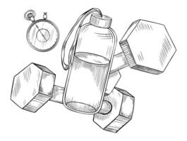 Komposition von Hanteln mit Stoppuhr und Wasser Flasche. Illustration von Frauen Fitness Übung Ausrüstung. Sport Ausbildung Zubehör zum Symbol oder Logo im linear Stil gemalt durch schwarz Tinten vektor